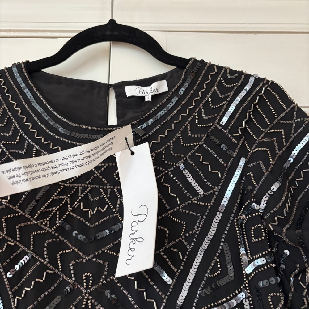 Parker Topaz Beaded Sequin Mini Dress Black Geometric Cocktail Party Size S NWT - Picture 8 of 16